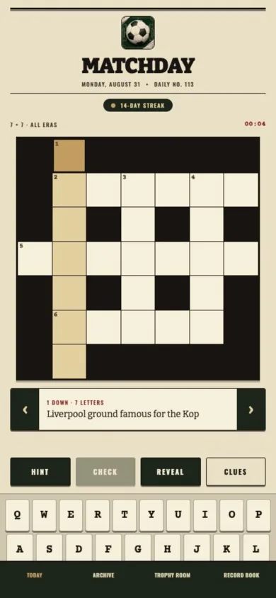 Matchday Today screen showing a newspaper-style daily soccer crossword
